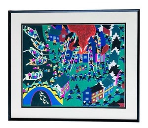 lot 30C image: Framed Colorful Folk Art Print