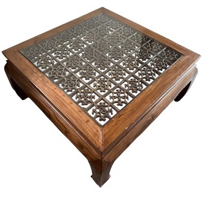 lot 26C image: Wood and Metal Square Coffee Table with Inlay from an Antique Screen from a Temple in Shanghai