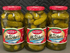 lot 20 image: Set of 3 Gedney Mini Munchers Kosher Dill Pickles Jars
