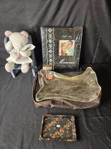 lot 13 image: Memories Photo Album, Vintage Patchwork Teddy Bear, NFL Zip Bag, Serving Tray