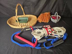 lot 15 image: Mixed Lot Wicker Baskets, Baseball Glove, Ski Rope with Handle