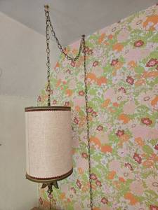 lot 29 image: Vintage Hanging Pendant Lamp with Fabric Shade