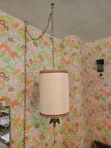 lot 31 image: Vintage Hanging Pendant Light with Drum Shade and Eagle Ornament