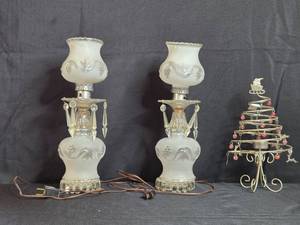 lot 43 image: Pair of Frosted Glass Electric Hurricane Lamps with Holiday Candle Holder
