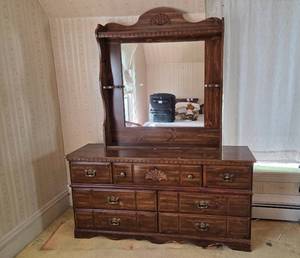 lot 47 image: Wooden Dresser with Mirror and Nine Drawers