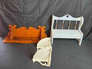 lot 50 image: Collection of Vintage Wooden Shelves and Miniature Bench