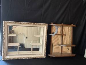 lot 51 image: Set of 2 Vintage Wooden Wall Shelves with Mirror Backing