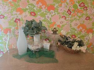 lot 58 image: Collection of Vintage Home Decor Items including Vases, Oil Lamp, and Floral Arrangements
