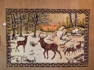 lot 71 image: Vintage Tapestry Wall Hanging with Woodland Deer Scene - 50 x 71