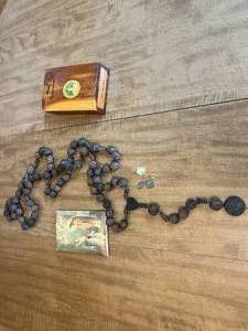 lot 103 image: Vintage Rosary with Medals, Wooden Box, and Religious Print