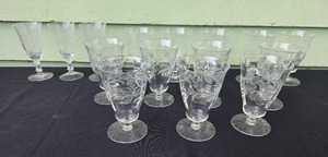 lot 116 image: Set of Etched Crystal Wine Glasses with Floral Designs
