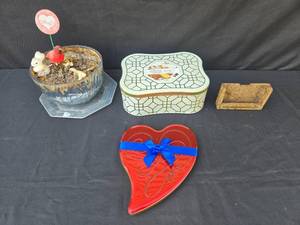 lot 123 image: Assorted Lot of Decorative Tin, Cookie Tin, Heart-Shaped Box, and Ornamental Planter