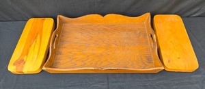 lot 124 image: Wooden Serving Tray with Handles & 2 Wooden TraysBoards (unknown use)