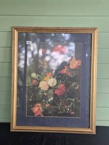 lot 130 image: Framed Floral Print Artwork in Gold Frame
