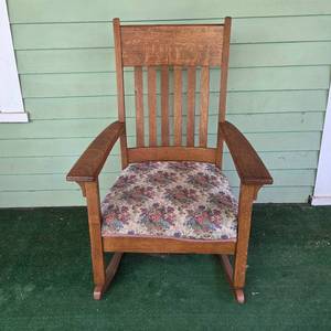 lot 151 image: Vintage Wooden Rocking Chair with Floral Upholstery