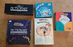 lot 153 image: Collection of 5 Board Games Including Pictionary and Catch Phrase