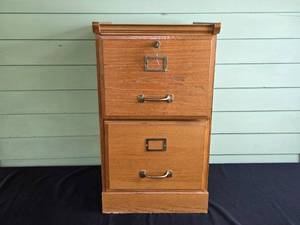 lot 169 image: Vintage Wooden 2-Drawer Filing Cabinet with Brass Handles