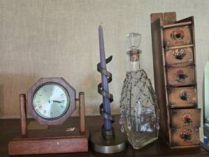 lot 178 image: Vintage Wooden Mantel Clock, Candle Holder, Decorative Decanter