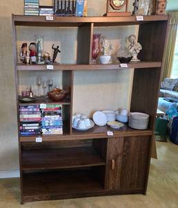 lot 178A image: Vintage MCM Dark Wood Shelving Unit ONLY - CONTENTS NOT INCLUDED