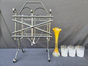 lot 204 image: Decorative Metal Magazine Rack with Crystal Glasses and Amber Vase