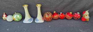 lot 207 image: Collection of Vintage Christmas Ornaments and Porcelain Candle Holders