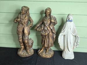 lot 222 image: Trio of Decorative Statues Two Bronze-like Figures and a Cement Madonna