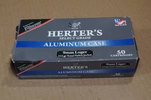 lot 161 image: 50 Herters 9mm Luger 115 Gr TNJ Aluminum Case Ammo