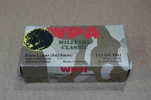 lot 167 image: 50 WPA Military Classic 9mm Luger 115 Gr FMJ Steel Case Ammo