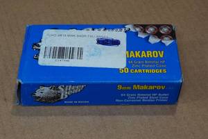 lot 187 image: 50 Silver Bear 9mm Makarov 94 Gr HP Steel Case Ammo