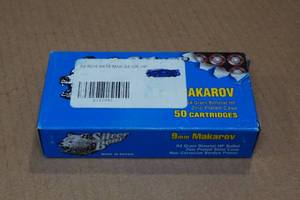 lot 188 image: 50 Silver Bear 9mm Makarov 94 Gr HP Steel Case Ammo