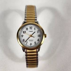 lot 9 image: Womans GoldSilver Timex Wrist Watch With Date Indiglo WR 30M Stretchy Band Great Condition Running