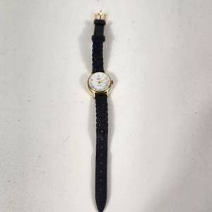 lot 14 image: Womans Acqua Indiglo Wrist Watch Gold With Black Leather Band Stainless Steel Back Running Great Condition