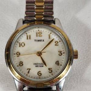 lot 30 image: Womans Timex Indiglo GoldSilver Wrist Watch Stretchy Band Stainless Steel Back Great Condition Running