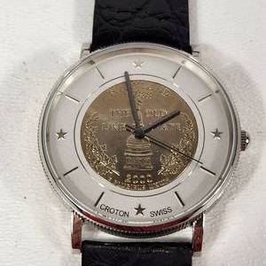 lot 52 image: Mens Croton Silver White Face Collectable State Quarter Wrist Watch With Black Band Great Condition