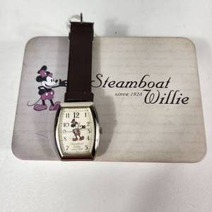 lot 53 image: Womans Steamboat Willie Disney Minnie Mouse Wrist Watch White Face Black Band With Original Tin Great Condition