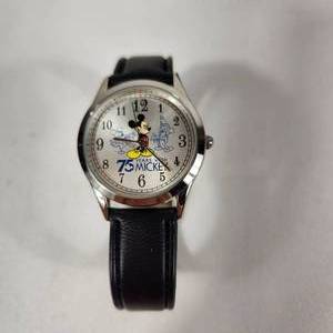 lot 54 image: Womans 75 Years With Mickey Wrist Watch With Black Band With Original Tin Japan Movement SR626SW Great Condition