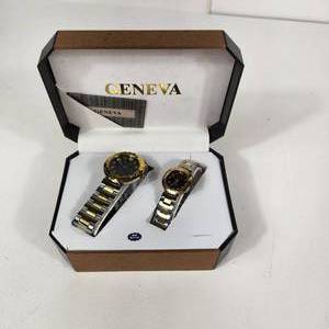 lot 62 image: WomansMens Pair Of Geneva Gold Black Face Wrist Watches New Open Box Some Wear On Bands Great Condition