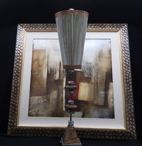 lot 11 image: LARGE ART DECO FRAMED ABSTRACT WITH MODERN LAMP