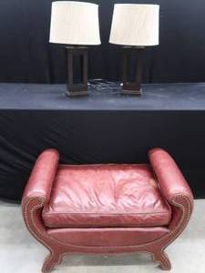 lot 19 image: DUKE OF YORK LEATHER STUDDED OTTOMAN  BONUS LAMPS