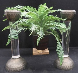 lot 30 image: MODERN LUCITE AND METAL CANDLE HOLDERS WITH ARTIFICIAL FERN