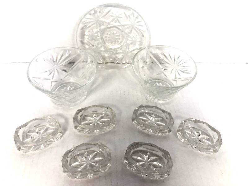 lot 30 image: Set of 6 Cut Glass Salts Butter Pat Plate and Two Condiment Cups