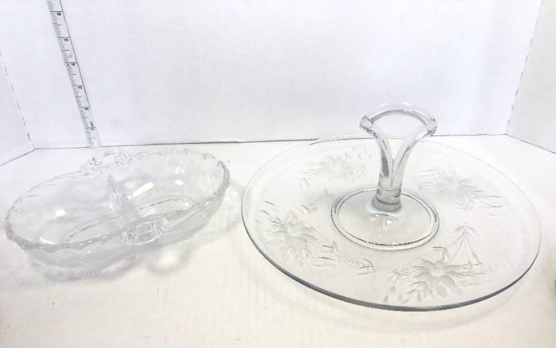 lot 33 image: 2 Vintage Etched Glass Servicing Dishes