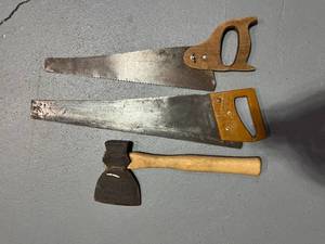 lot 13 image: Two Vintage Saws and Hatchet