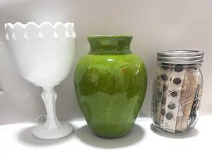 lot 25 image: Vintage Ceramic Green Vase, Milk glass Goblet and Jar of Buttons