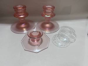 lot 45 image: Three Pink Fenton Candle Holders and Three Wax Catchers
