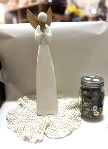 lot 36 image: Angel Statue, Jar of Buttons and Crocheted Doily