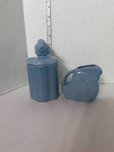 lot 80 image: Blue Bird Covered Container and Blue Fiesta Disk Mini Pitcher