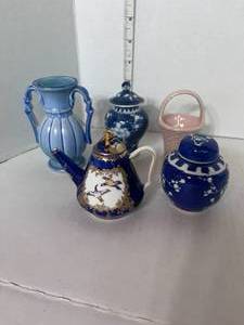 lot 79 image: Vintage Hallmark Basket, Stangl Vase. Mini Tea Pot and 2 Chinese Urns