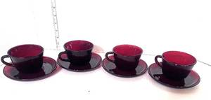lot 103 image: Vintage Depression Ruby Red 4 Cups and Saucers