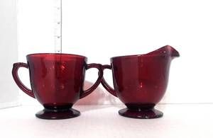 lot 104 image: Vintage Depression Ruby Red Cream and Sugar